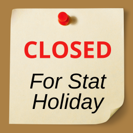 Icon of a post-it note pinned to wall that says "Closed for Stat Holiday"