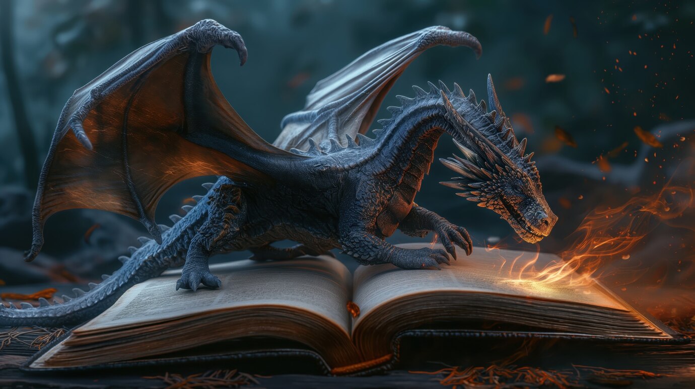 Dragon breathing fire on open book.