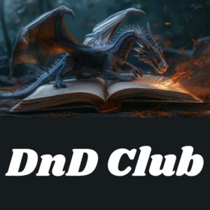 DnD Club icon, dragon breathing fire on open book, link to DnD event