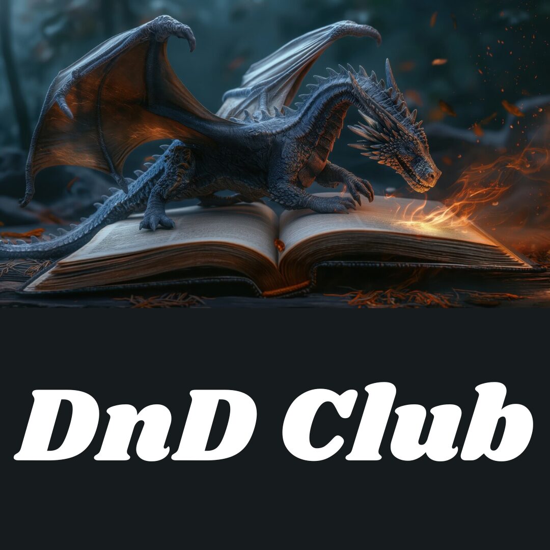 DnD Club icon, dragon breathing fire on open book, link to DnD event